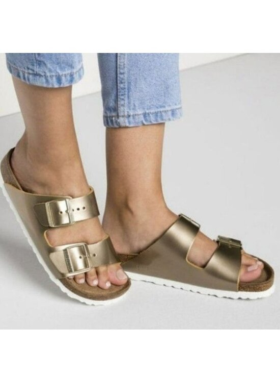 Birkenstock Shoes - Birkenstock Arizona Rose Gold Double Buckle Slide Sandals Womens Size 5 EU 36 Ma